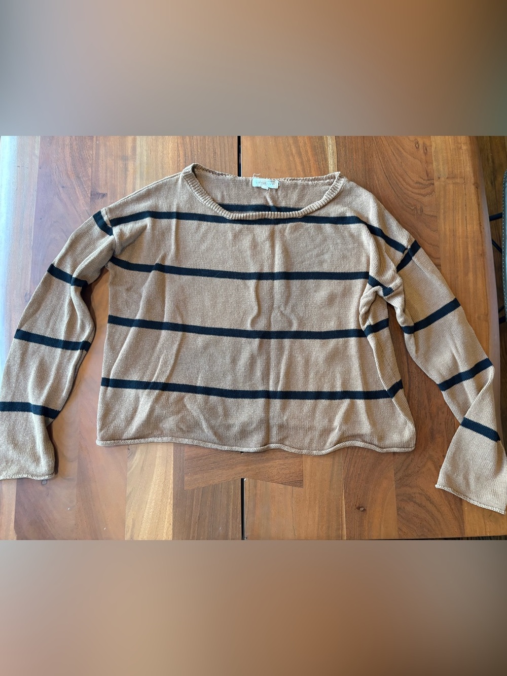 Anthropologie Little Lies Toni Striped Crewneck Sweater Top - Tan & Black